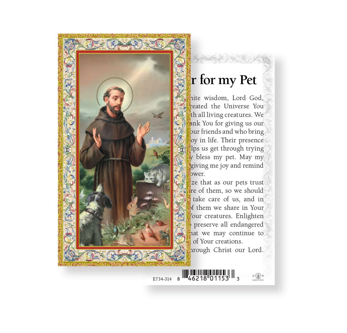 Prayer for My Pet St. Francis Gold Embossed Paper Holy Card