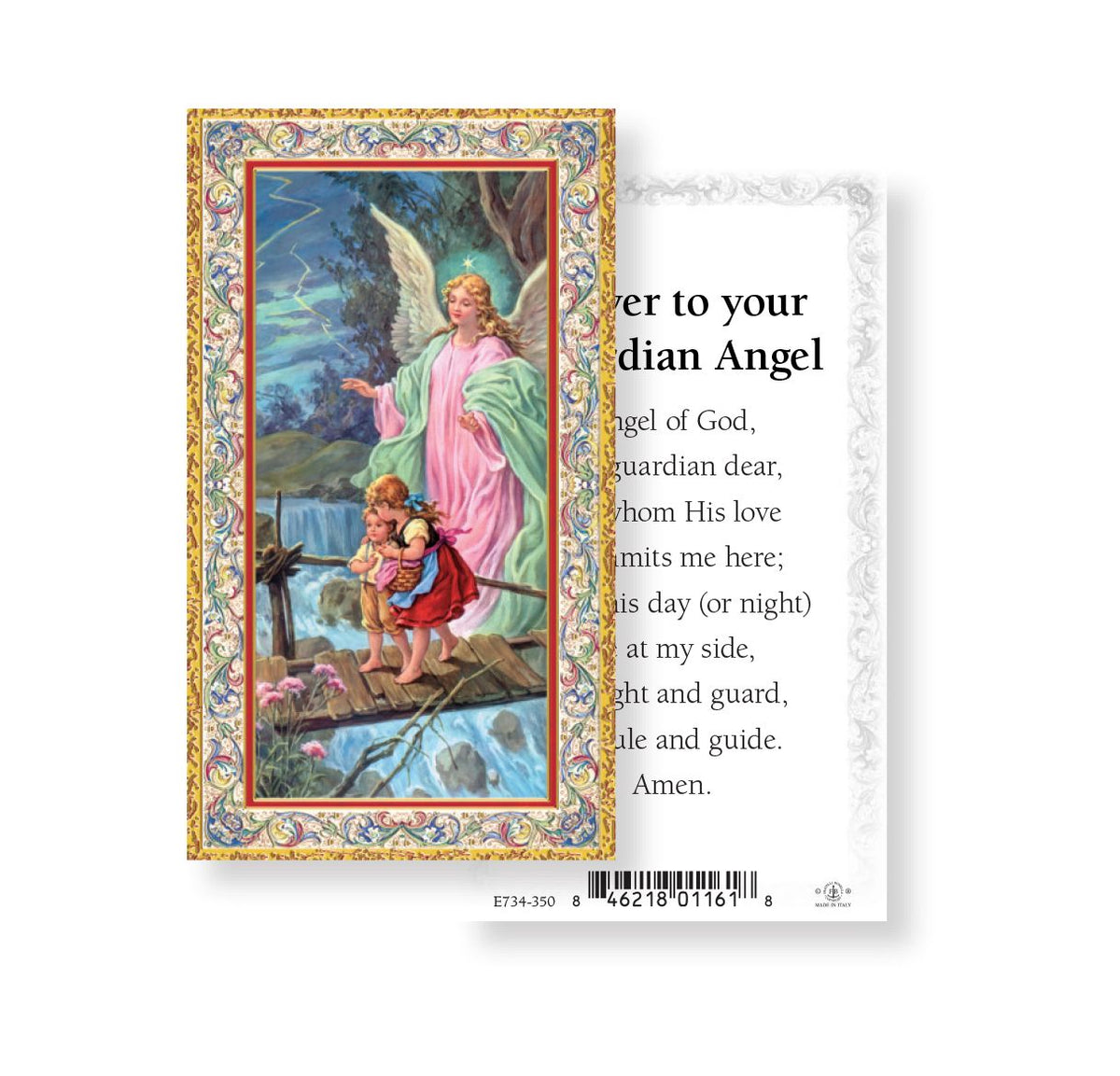 Prayer to Your Guardian Angel with Children on Bridge Gold Embossed Paper Holy Cards,