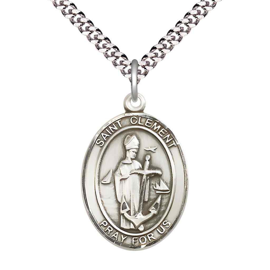 Large Saint Clement Pewter Oval Medal Pendant with 24" Rhodium-plated Curb Chain in Deluxe Gift Box | Bliss Manufacturing