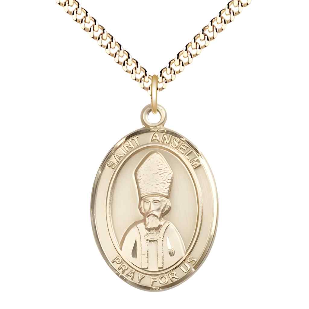Large Saint Anselm of Canterbury 14kt Gold-filled Oval Medal Pendant with Gold-plated Curb Chain with Deluxe Gift Box | Bliss Manufacturing