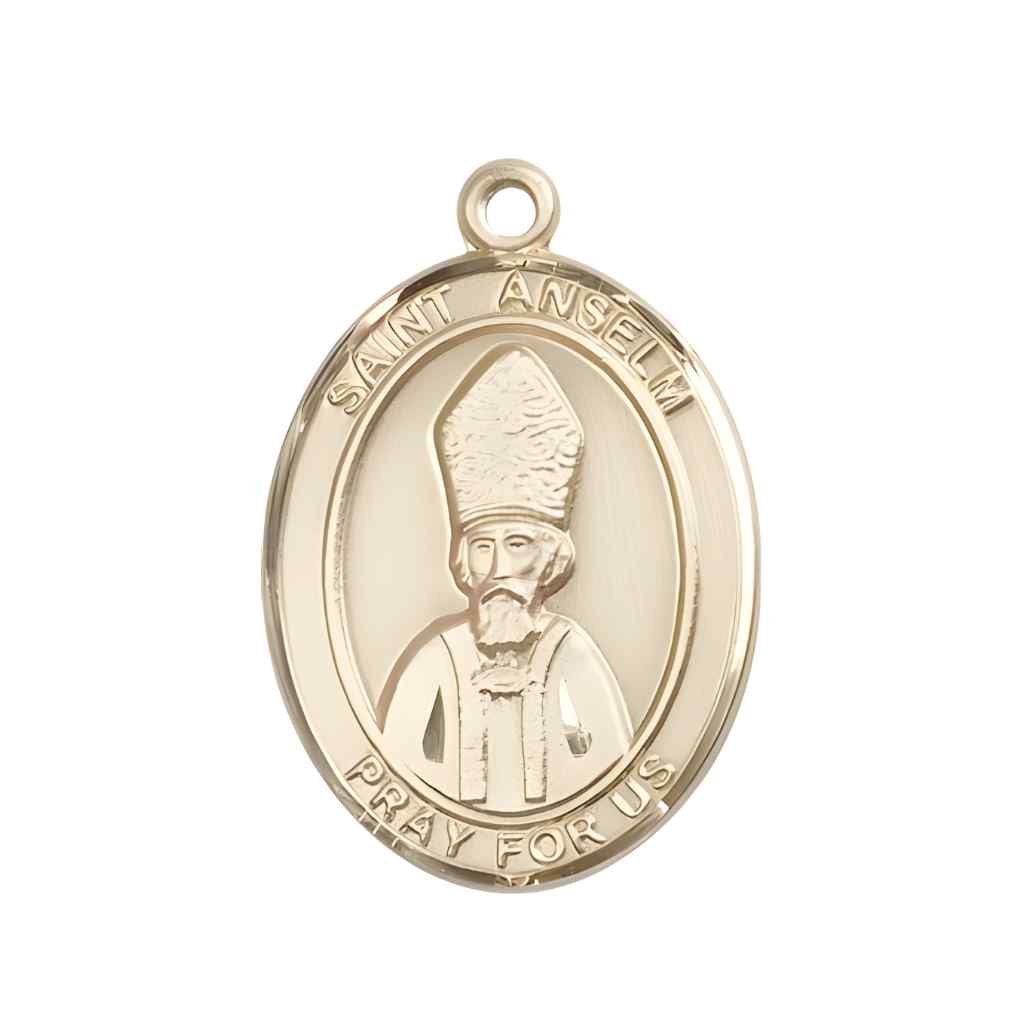 Large Saint Anselm of Canterbury 14kt Gold Oval Medal Pendant comes with Deluxe Gift Box | Bliss Manufacturing
