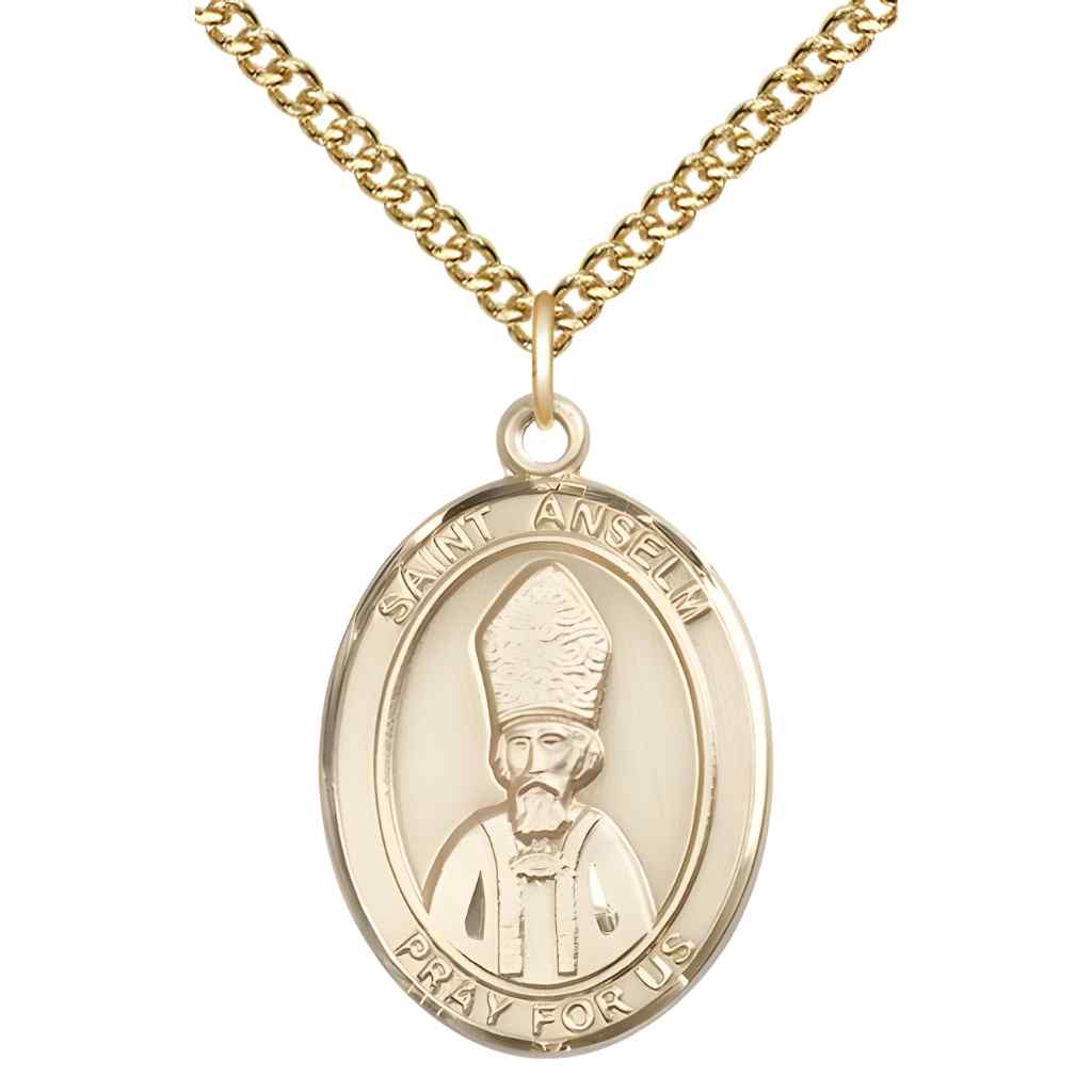 Large Saint Anselm of Canterbury 14kt Gold Oval Medal Pendant with 14kt Gold Curb Chain with Deluxe Gift Box | Bliss Manufacturing