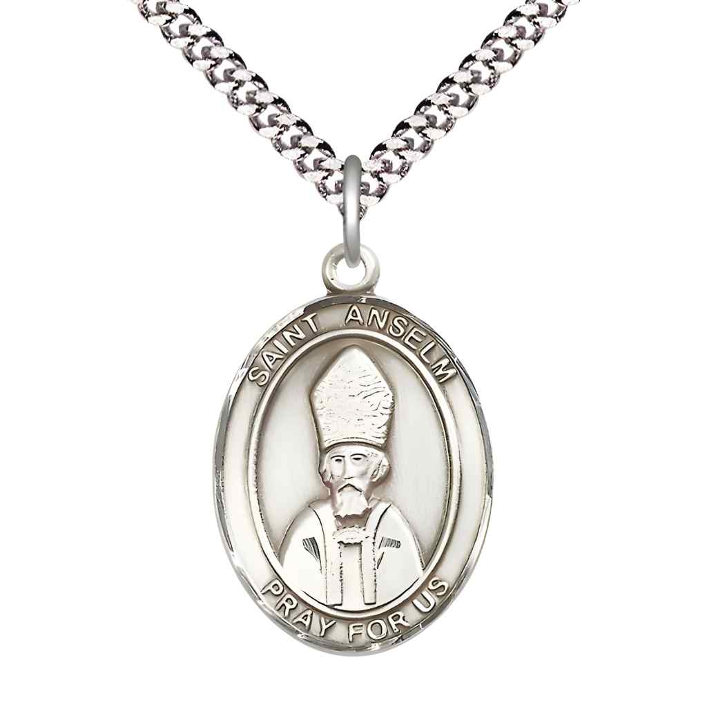 Large Saint Anselm of Canterbury Pewter Oval Medal Pendant with Rhodium-plated Curb Chain with Deluxe Gift Box | Bliss Manufacturing