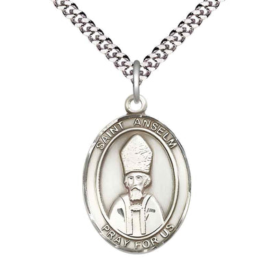 Large Saint Anselm of Canterbury Pewter Oval Medal Pendant with Rhodium-plated Curb Chain with Deluxe Gift Box | Bliss Manufacturing