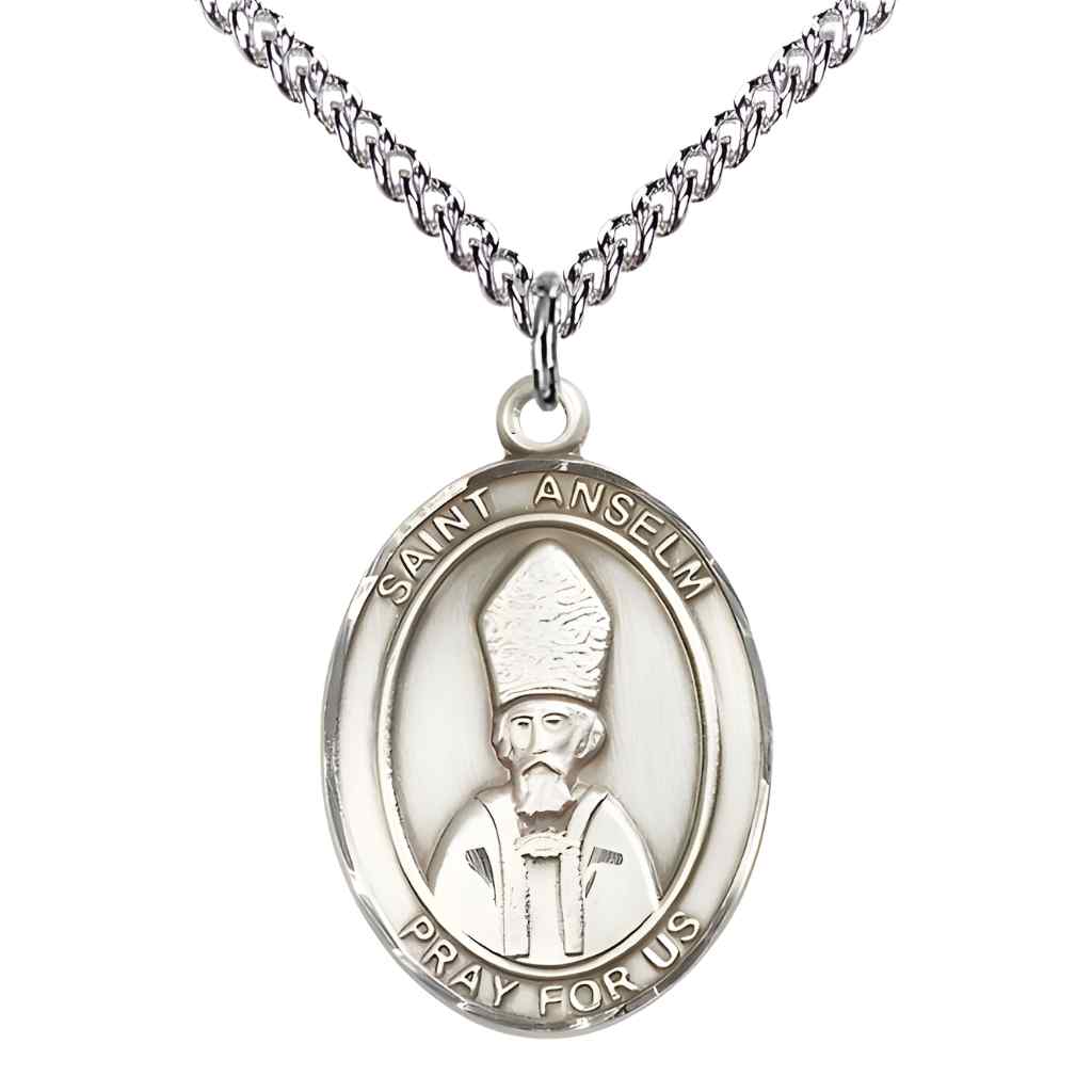 Large Saint Anselm of Canterbury Sterling Silver Oval Medal Pendant with Sterling Silver Curb Chain with Deluxe Gift Box | Bliss Manufacturing