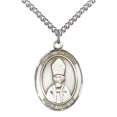 Large Saint Anselm of Canterbury Sterling Silver Oval Medal Pendant with Sterling Silver Curb Chain with Deluxe Gift Box | Bliss Manufacturing