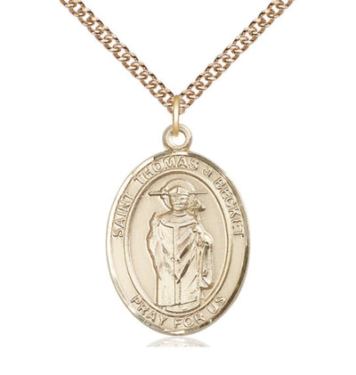 St Thomas A Becket 14kt Gold Oval Large Medal with Chain, Bliss Manufacturing
