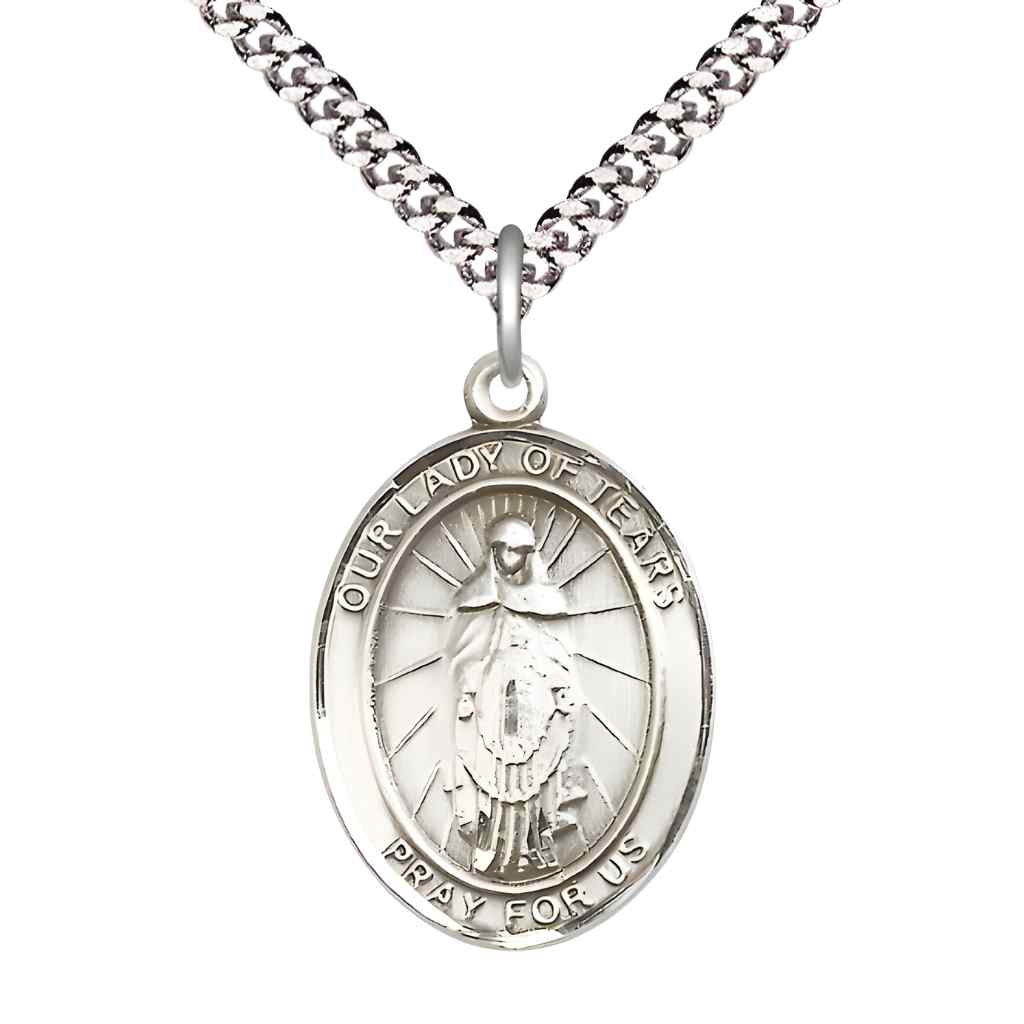 Large Our Lady of Tears Pewter Oval Medal Pendant with Rhodium-plated Curb Chain with Deluxe Gift Box | Bliss Manufacturing