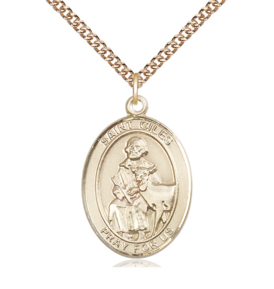 Bliss Manufacturing St Giles Large 14kt Gold Oval Engravable Medal with 14kt Gold chain,