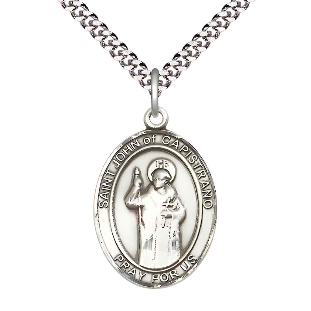 Large Saint John of Capistrano Pewter Oval Medal Pendant with Rhodium-plated Curb Chain with Deluxe Gift Box | Bliss Manufacturing