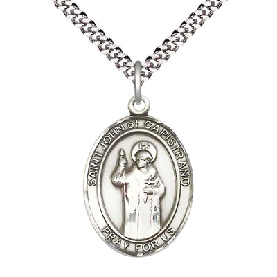 Large Saint John of Capistrano Pewter Oval Medal Pendant with Rhodium-plated Curb Chain with Deluxe Gift Box | Bliss Manufacturing