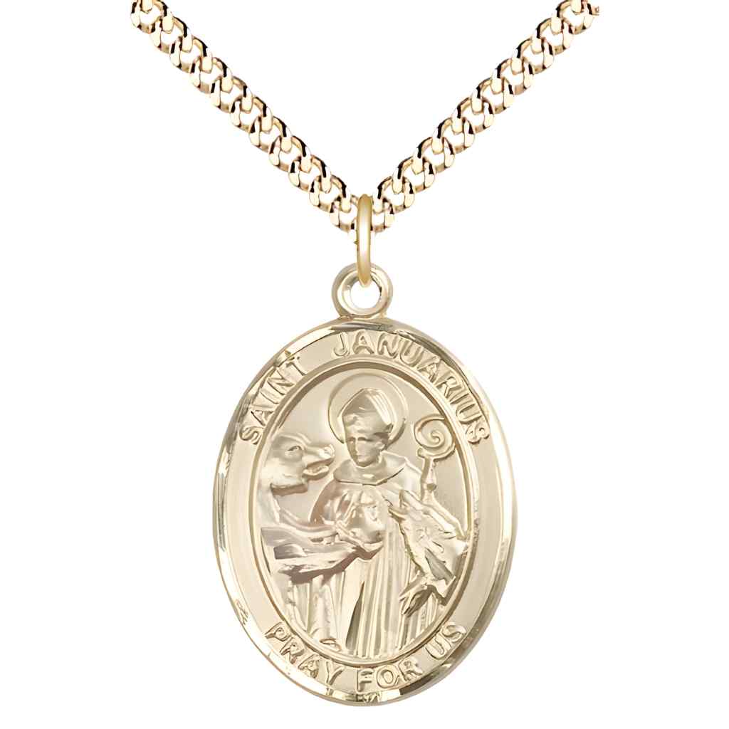 Large St. Januarius 14kt Gold-filled Oval Medal Pendant with Gold-plated Chain with Deluxe Gift Box