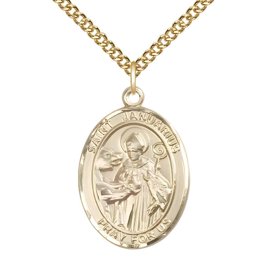 Large St. Januarius 14kt Gold Oval Medal Pendant with 14kt Gold Chain with Deluxe Gift Box