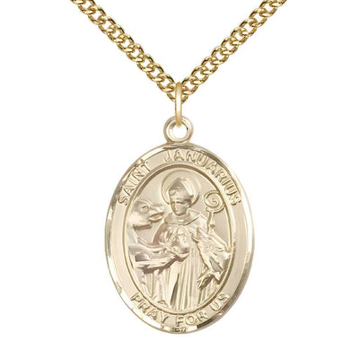 Large St. Januarius 14kt Gold Oval Medal Pendant with 14kt Gold Chain with Deluxe Gift Box