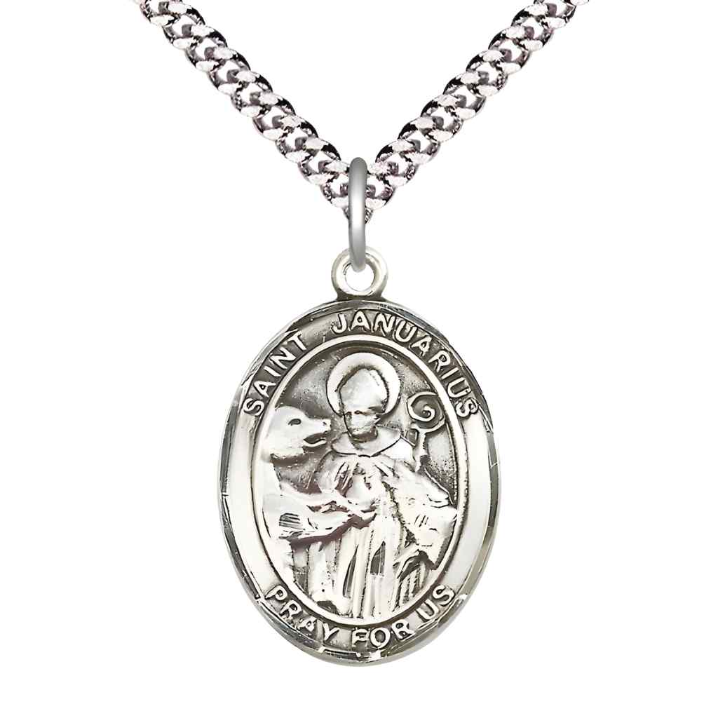 Large St. Januarius Pewter Oval Medal Necklace with plated chain & optional engraving. Made in the USA with a deluxe gift box