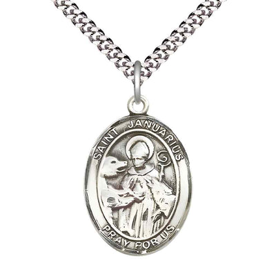 Large St. Januarius Pewter Oval Medal Necklace with plated chain & optional engraving. Made in the USA with a deluxe gift box