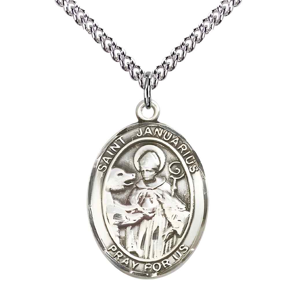 Large St. Januarius Sterling Silver Oval Medal Necklace with sterling silver chain & optional engraving. Made in the USA with a deluxe gift box
