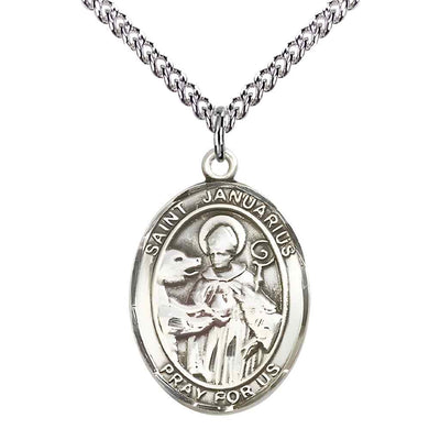 Large St. Januarius Sterling Silver Oval Medal Necklace with sterling silver chain & optional engraving. Made in the USA with a deluxe gift box