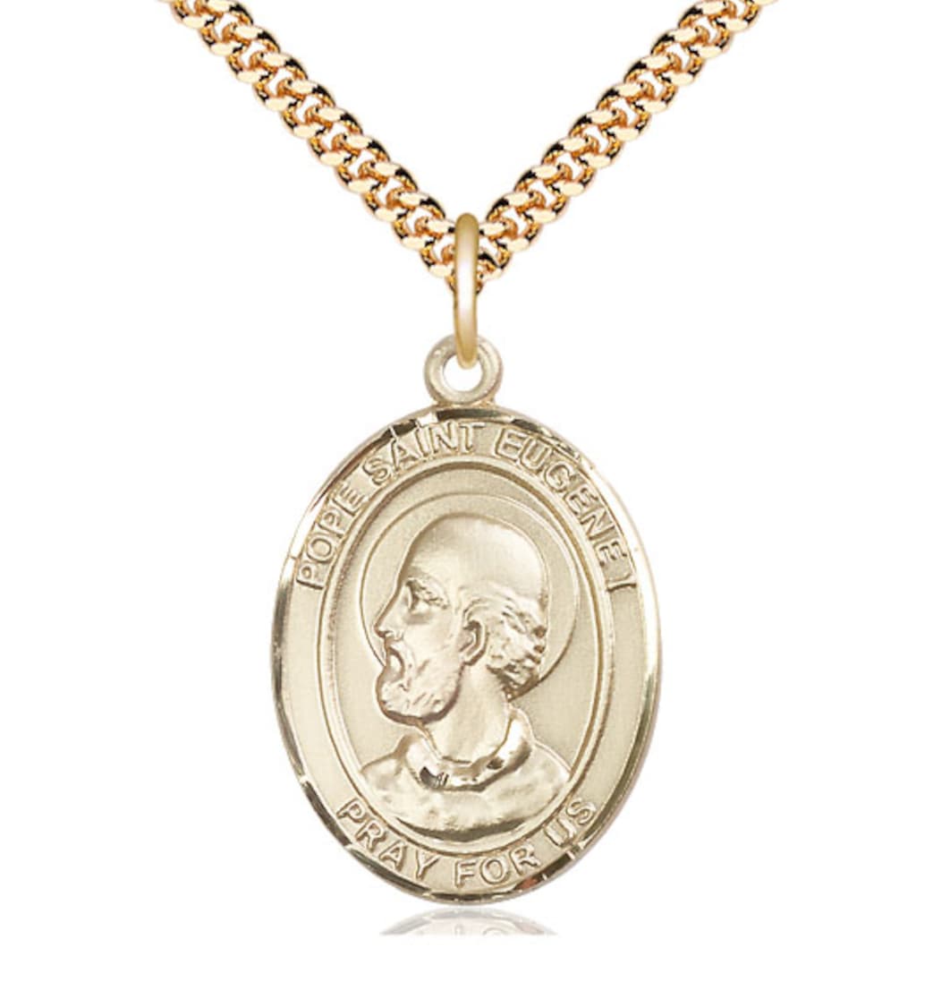 Large Bliss Pope St Eugene I Gold-filled Oval Engravable Medal Necklace with Plated Chain,