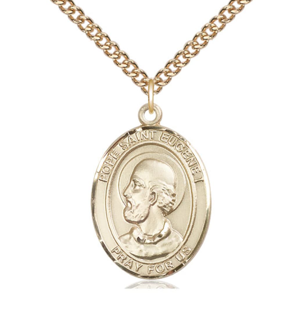 Large Bliss Pope St Eugene I Gold-filled Oval Engravable Medal Necklace with Gold-filled Chain,