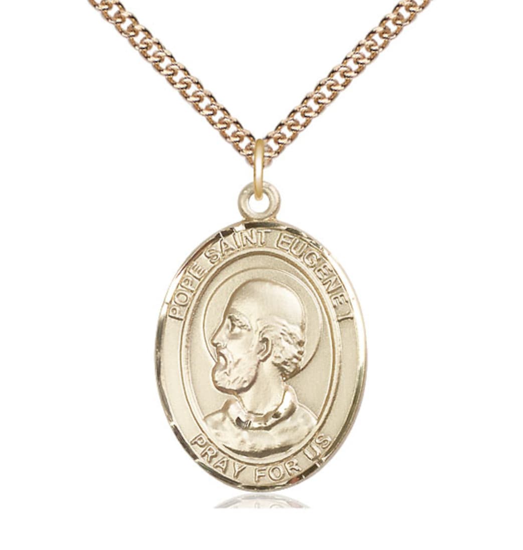 Bliss Pope St Eugene I 14kt Gold Engravable Oval Medal Pendant with 14kt Gold Chain,