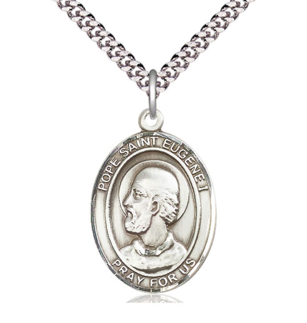 Large Bliss Pope St Eugene I Pewter Oval Engravable Medal Necklace,