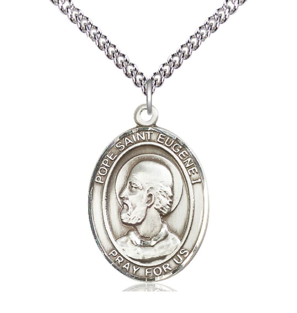 Large Bliss Pope St Eugene I Sterling Silver Oval Engravable Medal Necklace with Sterling Chain,