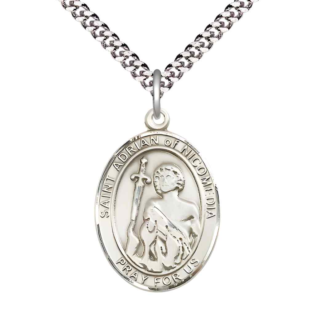 Large Saint Adrian of Nicomedia Pewter Oval Medal Pendant with 24" Rhodium-plated Curb Chain with Deluxe Gift Box | Bliss Manufacturing
