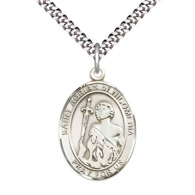 Large Saint Adrian of Nicomedia Pewter Oval Medal Pendant with 24" Rhodium-plated Curb Chain with Deluxe Gift Box | Bliss Manufacturing