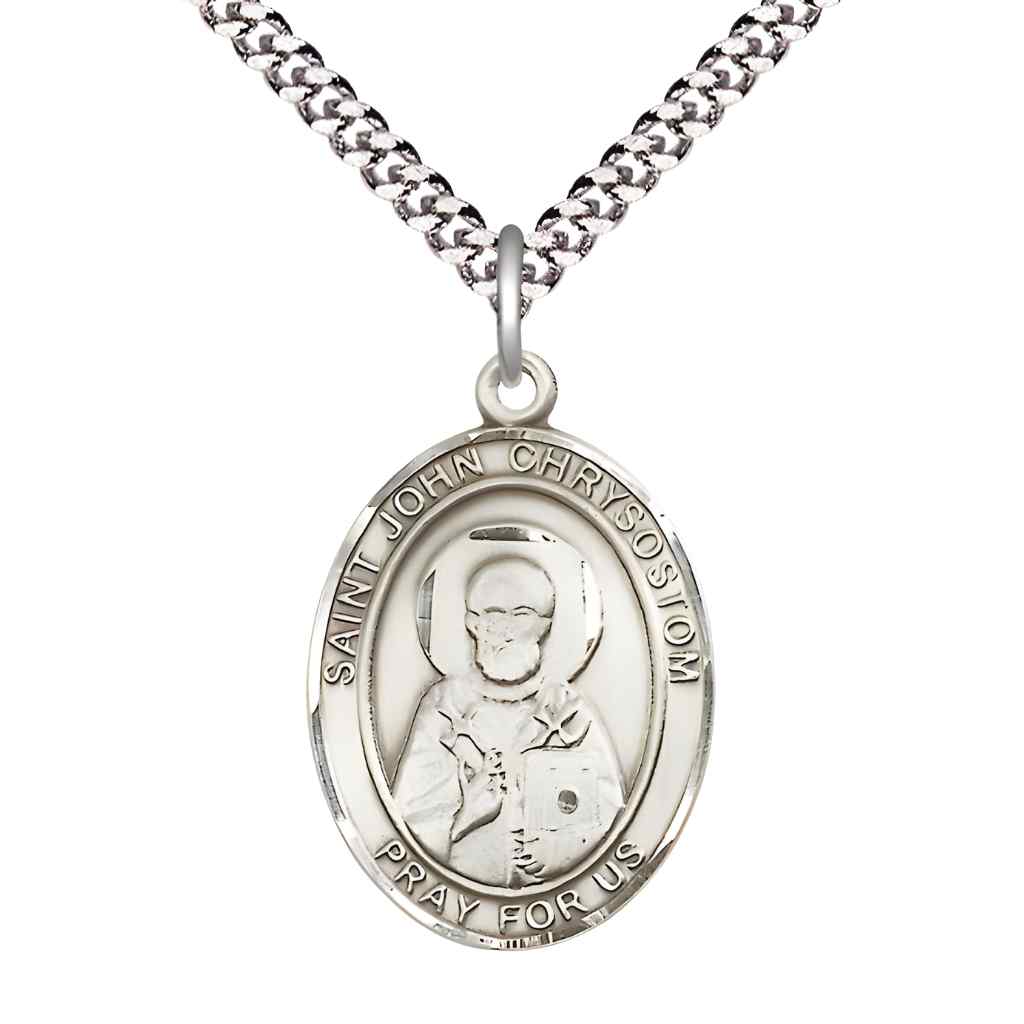 Large John Chrysostom Pewter Oval Medal Pendant with Rhodium-plated Curb Chain with Deluxe Gift Box | Bliss Manufacturing