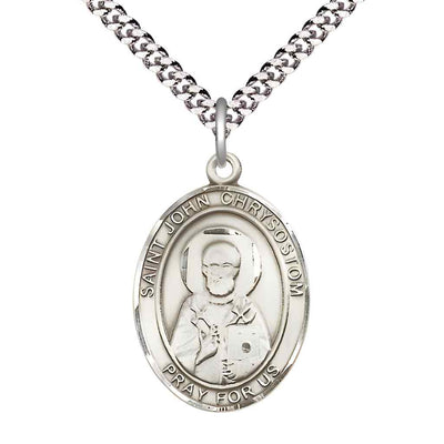 Large John Chrysostom Pewter Oval Medal Pendant with Rhodium-plated Curb Chain with Deluxe Gift Box | Bliss Manufacturing