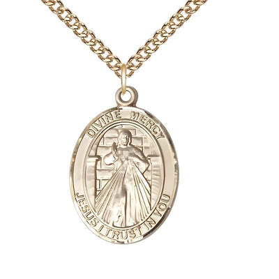 Divine Mercy 14kt Gold oval large size medal with chain in deluxe gift box, Bliss Manufacturing