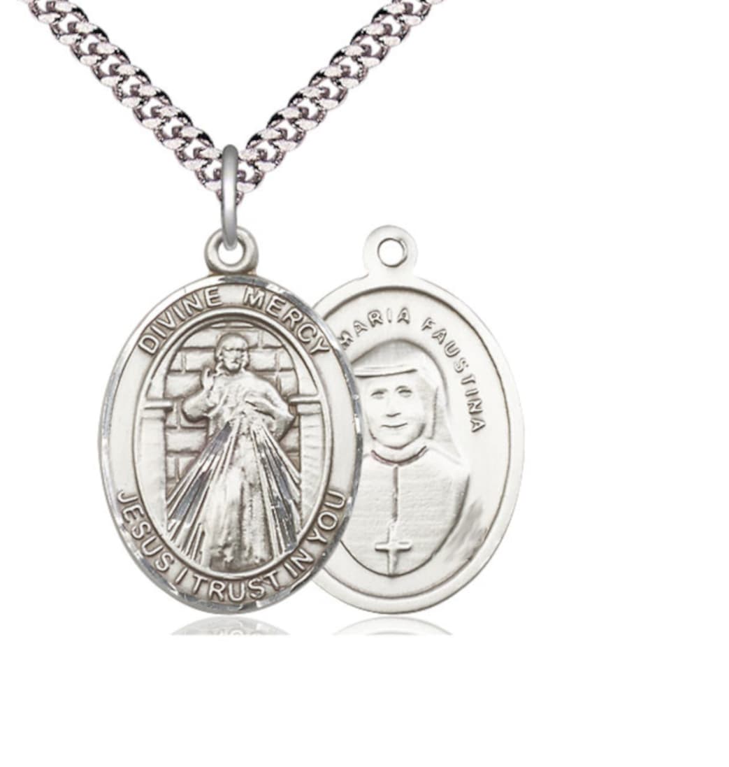 Bliss Divine Mercy Pewter Oval Engravable Large Medal Necklace,