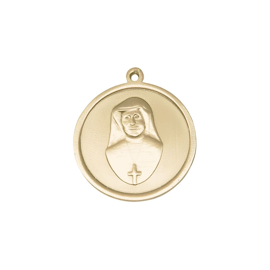 The back of Bliss Spanish Divina Misericordia | Divine Mercy and St. Maria Faustina 14kt Gold Round Medal Pendant with 14kt Gold Chain, Measures 1-inch tall by 7/8-inch wide. Deluxe Gift Box.