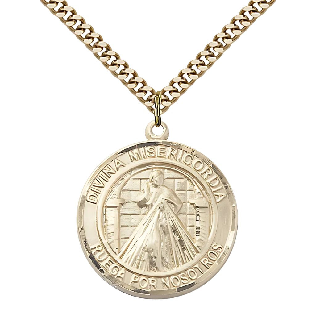 Bliss Spanish Divina Misericordia | Divine Mercy and St. Maria Faustina 14kt Gold-filled Round Medal Pendant with Gold-plated Chain, Measures 1-inch tall by 7/8-inch wide. Deluxe Gift Box.