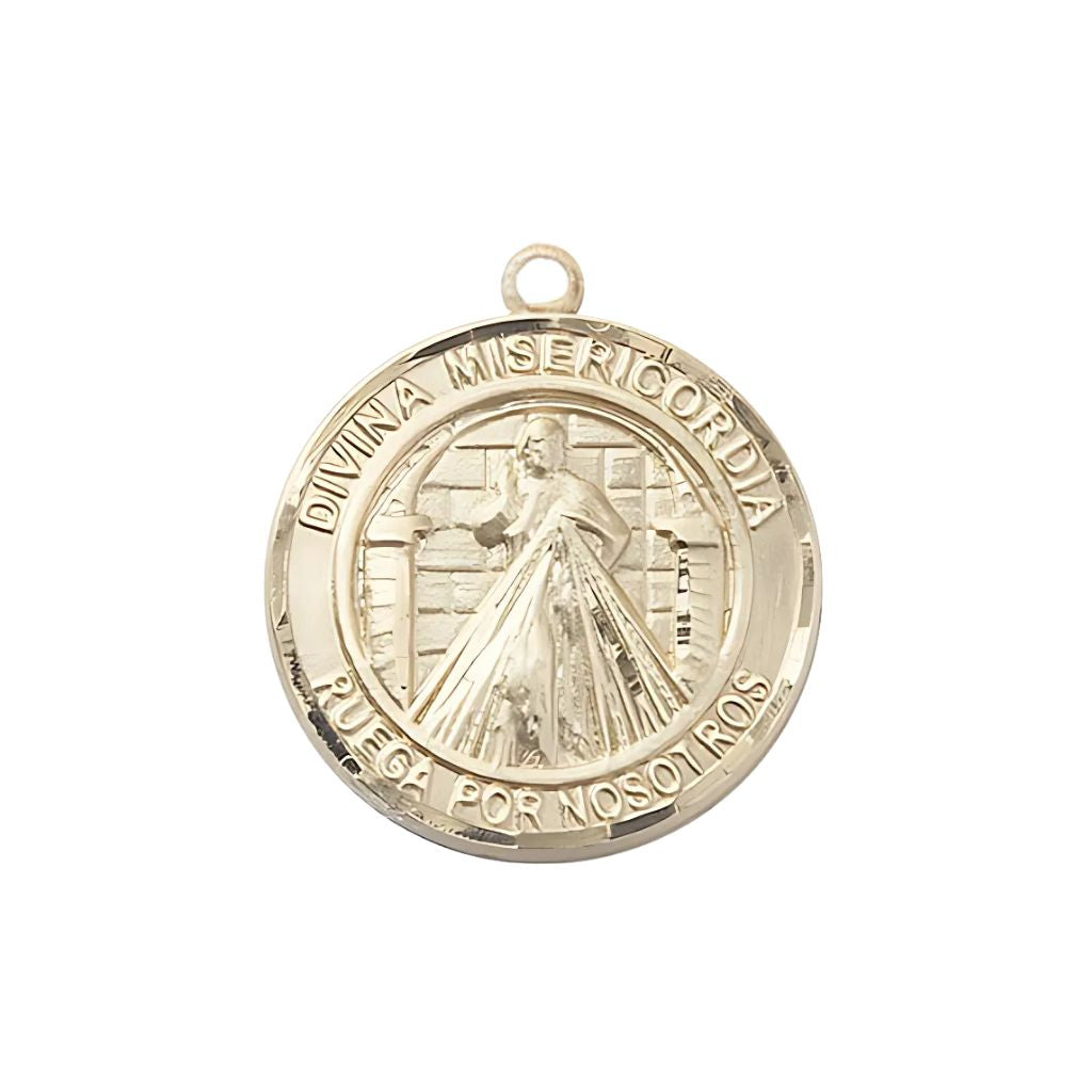 Bliss Spanish Divina Misericordia | Divine Mercy and St. Maria Faustina 14kt Gold Round Medal Pendant, Measures 1-inch tall by 7/8-inch wide. Deluxe Gift Box.