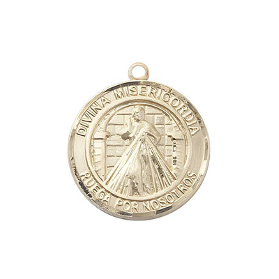 Spanish Divina Misericordia, Divine Mercy and St. Maria Faustina 14kt Gold Round Medal Pendant, Measures 1-inch tall by 7/8-inch wide. Deluxe Gift Box, Bliss Manufacturing