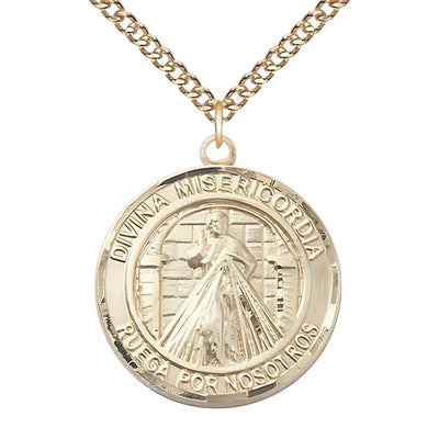 Spanish Divina Misericordia, Divine Mercy and St. Maria Faustina 14kt Gold Round Medal Pendant with 14kt Gold Chain, Measures 1-inch tall by 7/8-inch wide. Deluxe Gift Box, Bliss Manufacturing
