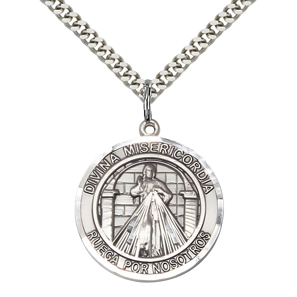Bliss Spanish Divina Misericordia | Divine Mercy and St. Maria Faustina Pewter Round Medal Pendant with Rhodium-plated Chain, Measures 1-inch tall by 7/8-inch wide. Deluxe Gift Box.