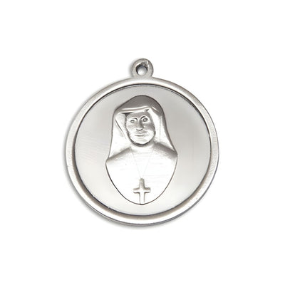 The back of Spanish Divina Misericordia, Divine Mercy and St. Maria Faustina Pewter Round Medal Pendant with Rhodium-plated Chain, Measures 1-inch tall by 7/8-inch wide. Deluxe, Bliss Manufacturing