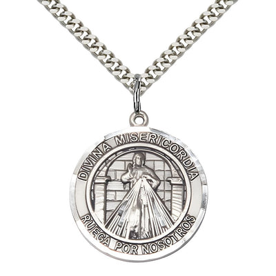 Spanish Divina Misericordia, Divine Mercy and St. Maria Faustina Sterling Silver Round Medal Pendant with Rhodium-plated Chain, Measures 1-inch tall by 7/8-inch wide. Deluxe Gift, Bliss Manufacturing