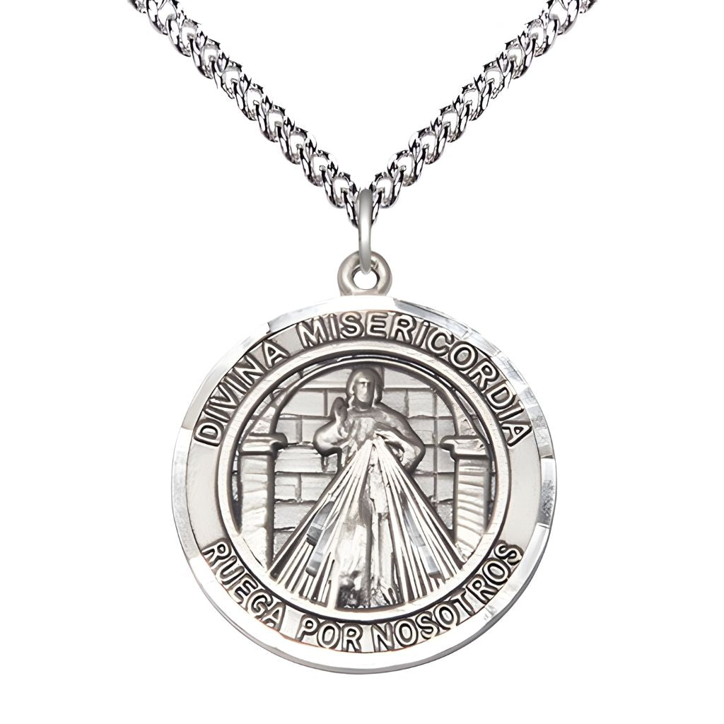 Bliss Spanish Divina Misericordia | Divine Mercy and St. Maria Faustina Sterling Silver Round Medal Pendant with Sterling Silver Chain, Measures 1-inch tall by 7/8-inch wide. Deluxe Gift Box.