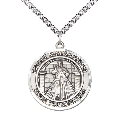 Spanish Divina Misericordia, Divine Mercy and St. Maria Faustina Sterling Silver Round Medal Pendant with Sterling Silver Chain, Measures 1-inch tall by 7/8-inch wide. Deluxe Gift, Bliss Manufacturing