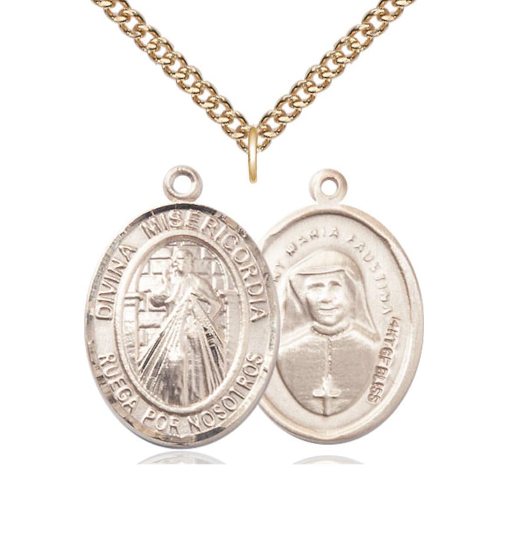 Bliss Large Spanish Divina Misericordia - Divine Mercy Medal in Gold-filled with Chain,