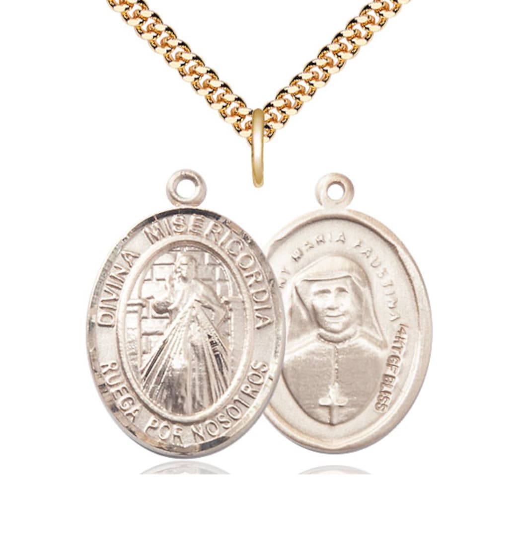 Bliss Large Spanish Divina Misericordia - Divine Mercy Medal in Gold-filled with Plated Chain,