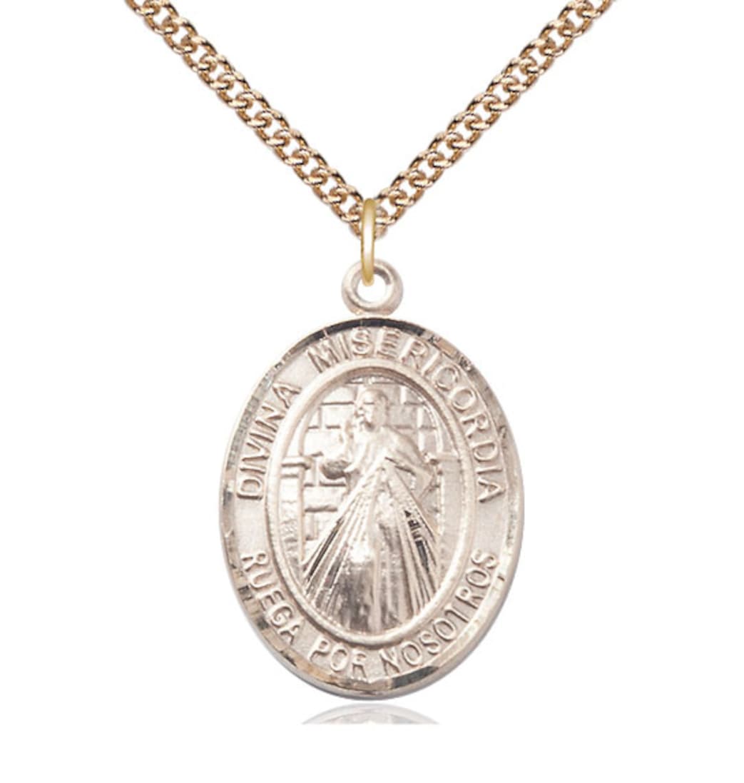 Bliss Large Spanish Divina Misericordia - Divine Mercy Medal in 14kt Gold with Chain,