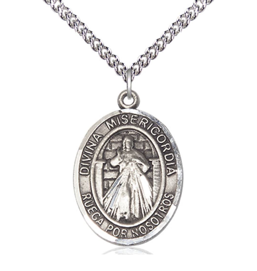 Bliss Large Spanish Divina Misericordia - Divine Mercy Medal in Sterling Silver with Chain,