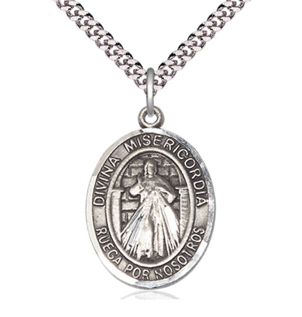 Bliss Large Spanish Divina Misericordia - Divine Mercy Medal in Sterling Silver with Plated Chain,