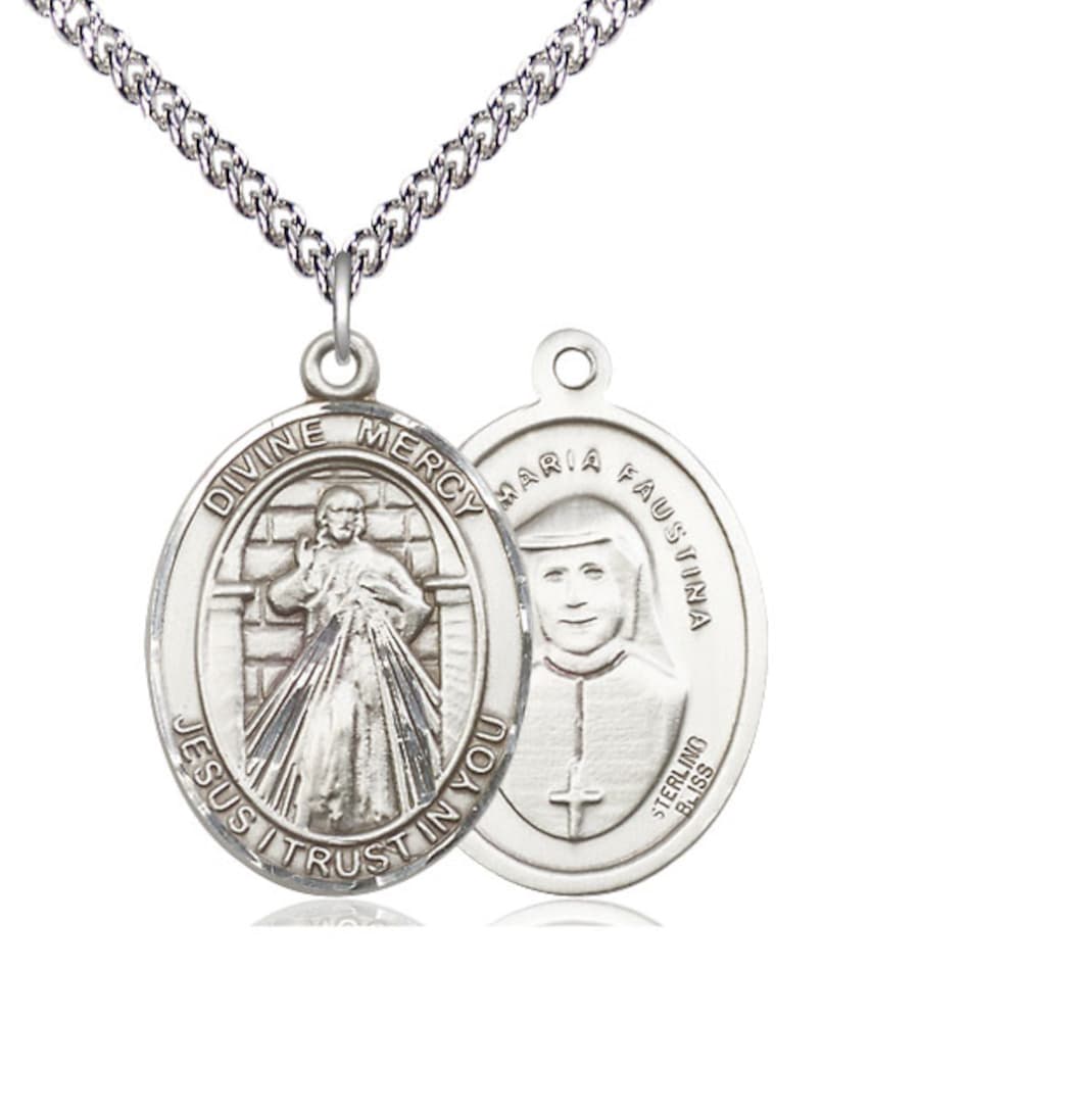 Bliss Divine Mercy Sterling Silver Oval Large Medal Necklace with Sterling Chain,