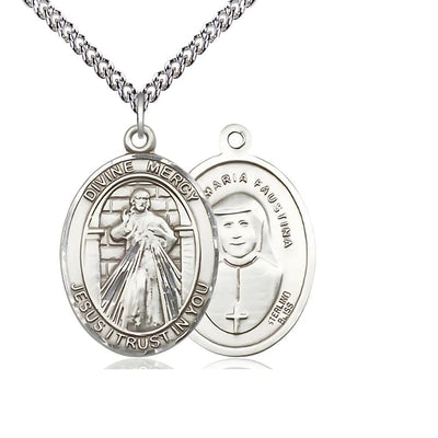 Divine Mercy sterling silver oval with St. Maria Faustina Kowalska with sterling silver chain, Bliss Manufacturing